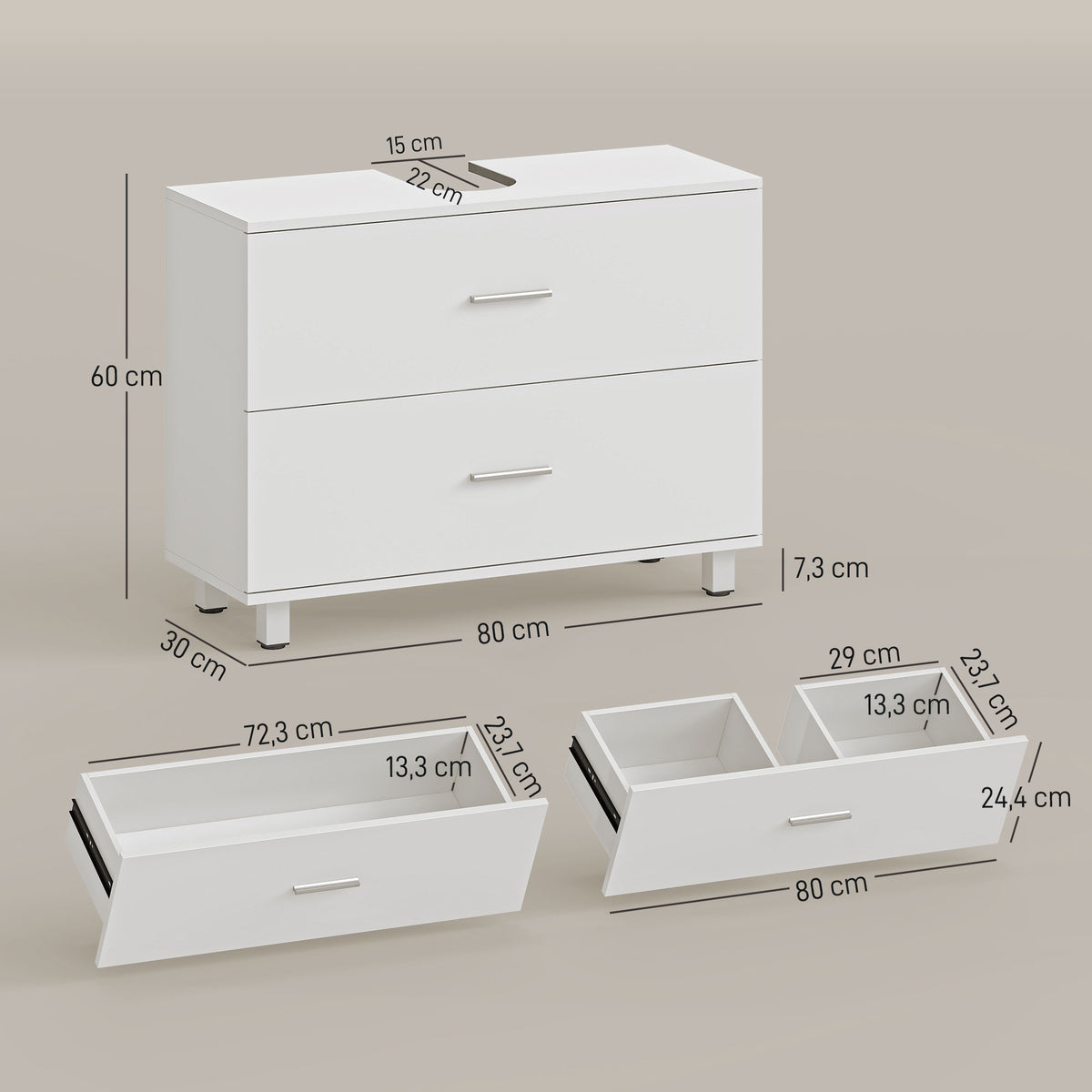 Meuble sous lavabo, meuble de salle de bain avec 2 tiroirs, style moderne, 80 x 30 x 60 cm, blanc