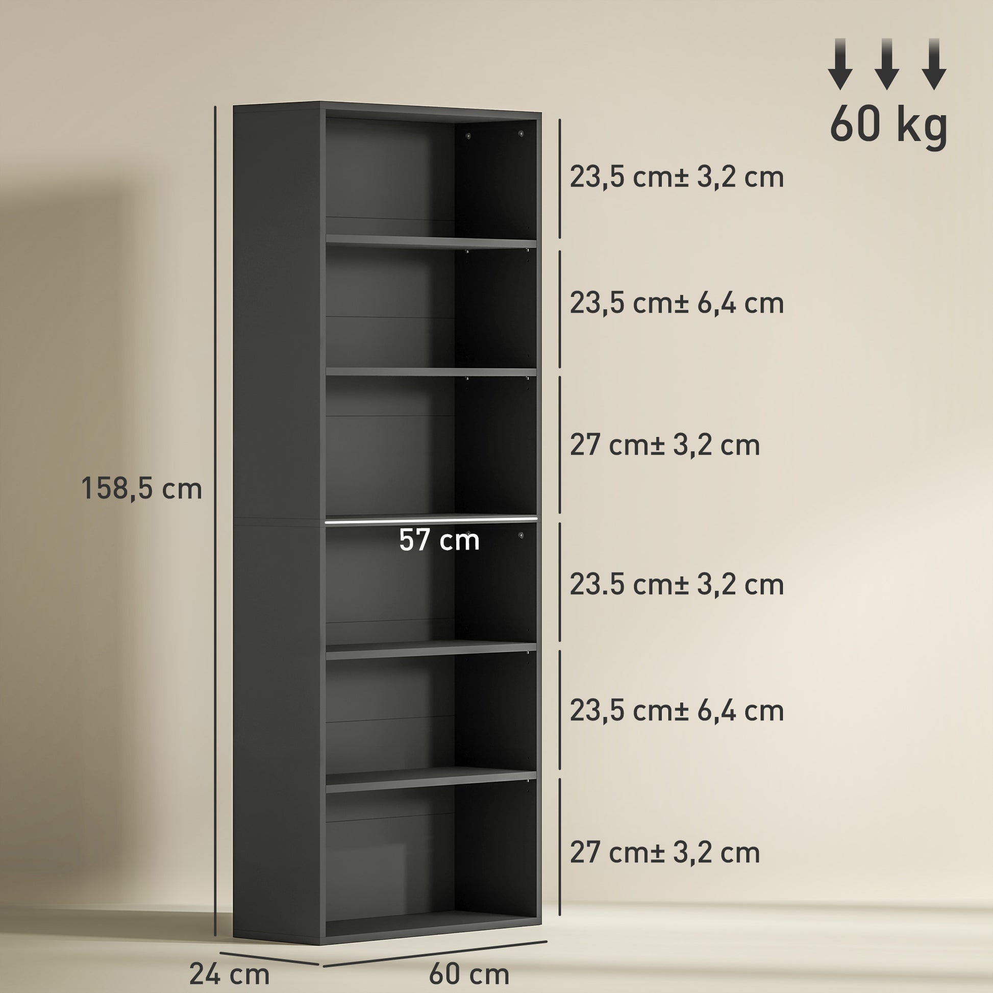 Bibliothèque étagère de rangement 6 niveaux avec étagères réglables pour salon, chambre, bureau, 60x24x158,5cm, noir