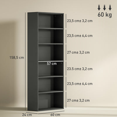 Bibliothèque étagère de rangement 6 niveaux avec étagères réglables pour salon, chambre, bureau, 60x24x158,5cm, noir