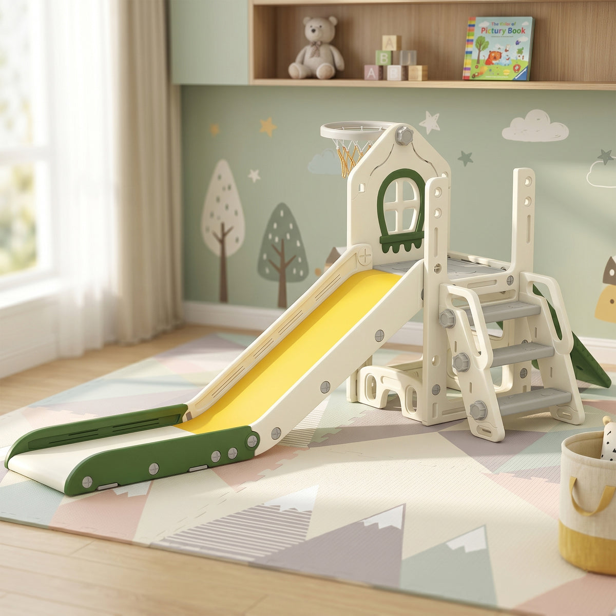 Toboggan pour Enfant Pliable 5-en-1 avec Escalade, Panier de Basket, Espace de Rangement et Ballon, Crème