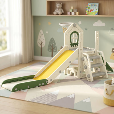 Toboggan pour Enfant Pliable 5-en-1 avec Escalade, Panier de Basket, Espace de Rangement et Ballon, Crème