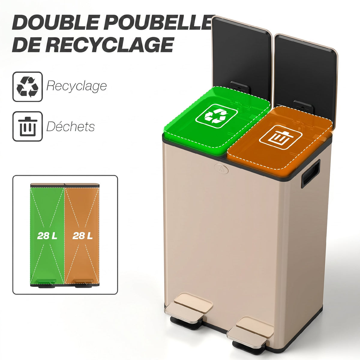 Poubelle de cuisine 2 compartiments de 2 x 28L, acier inoxydable, couvercle à fermeture douce, 45,8x36x67,6cm, or Aosom