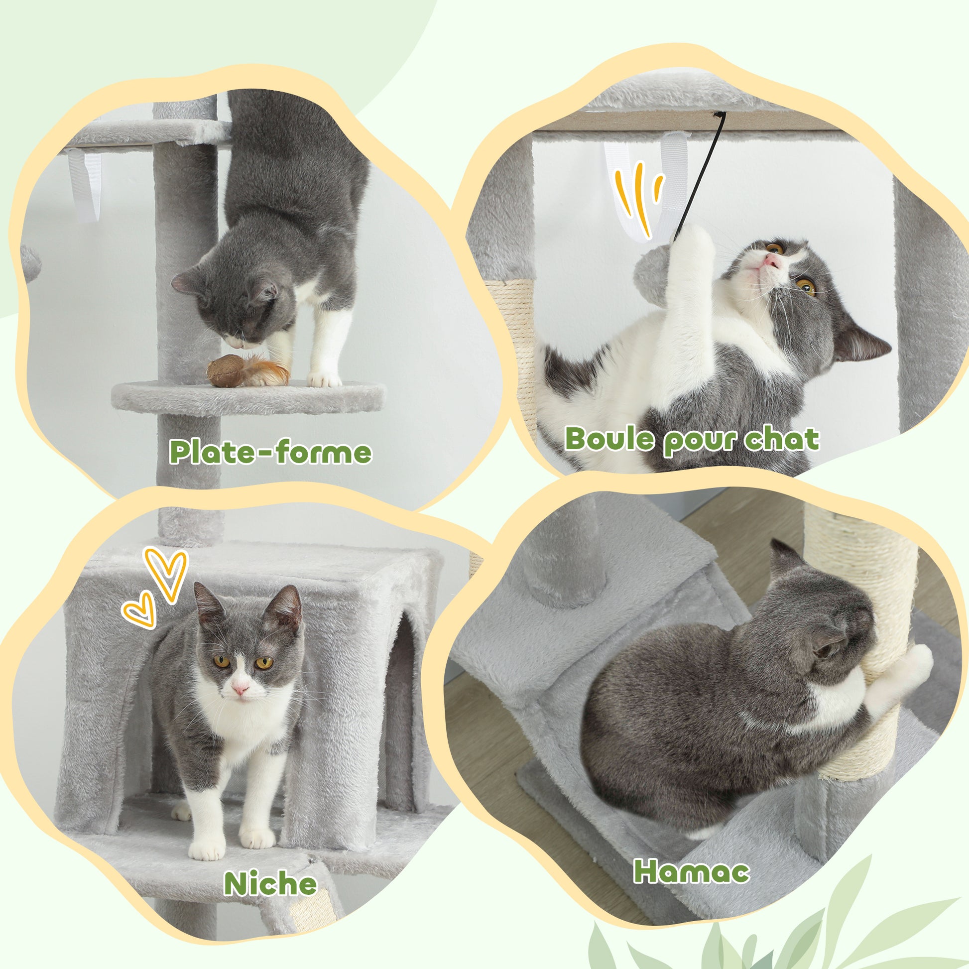 Arbre à chat du sol au plafond griffoir pour chat hauteur réglable 225-255 cm 6 niveaux avec niche hamac gris clair