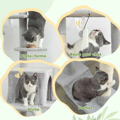 Arbre à chat du sol au plafond griffoir pour chat hauteur réglable 225-255 cm 6 niveaux avec niche hamac gris clair