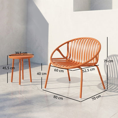 Salon de Jardin Ensemble Bistro 3 Pièces Table Basse à Plateau Concave Acier et Polypropylène 80x70x75cm Rouge Brique