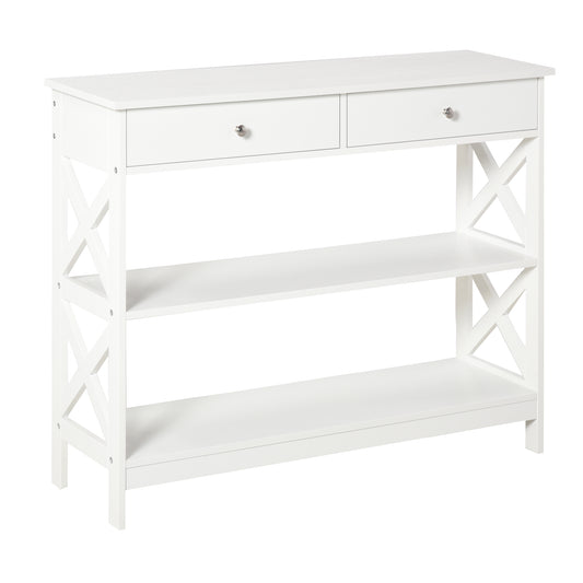 Table de console table d'entrée style table de drapier néo-rétro 2 tiroirs 2 étagères dim. 100L x 30,5l x 80H cm en bois blanc