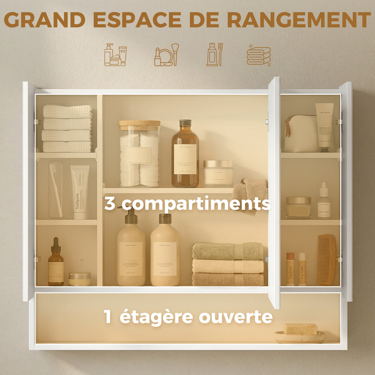 Armoire murale salle de bain avec miroir, armoire de toilette 3 portes miroir, étagères réglables, 90x15x75cm, blanc