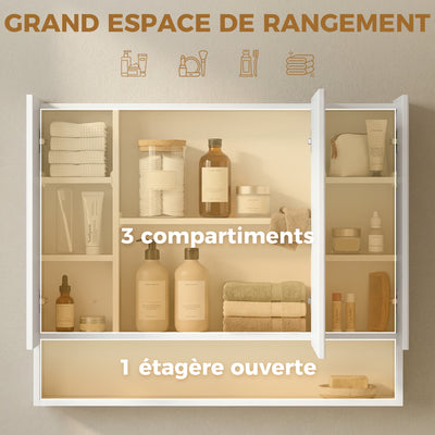 Armoire murale salle de bain avec miroir, armoire de toilette 3 portes miroir, étagères réglables, 90x15x75cm, blanc