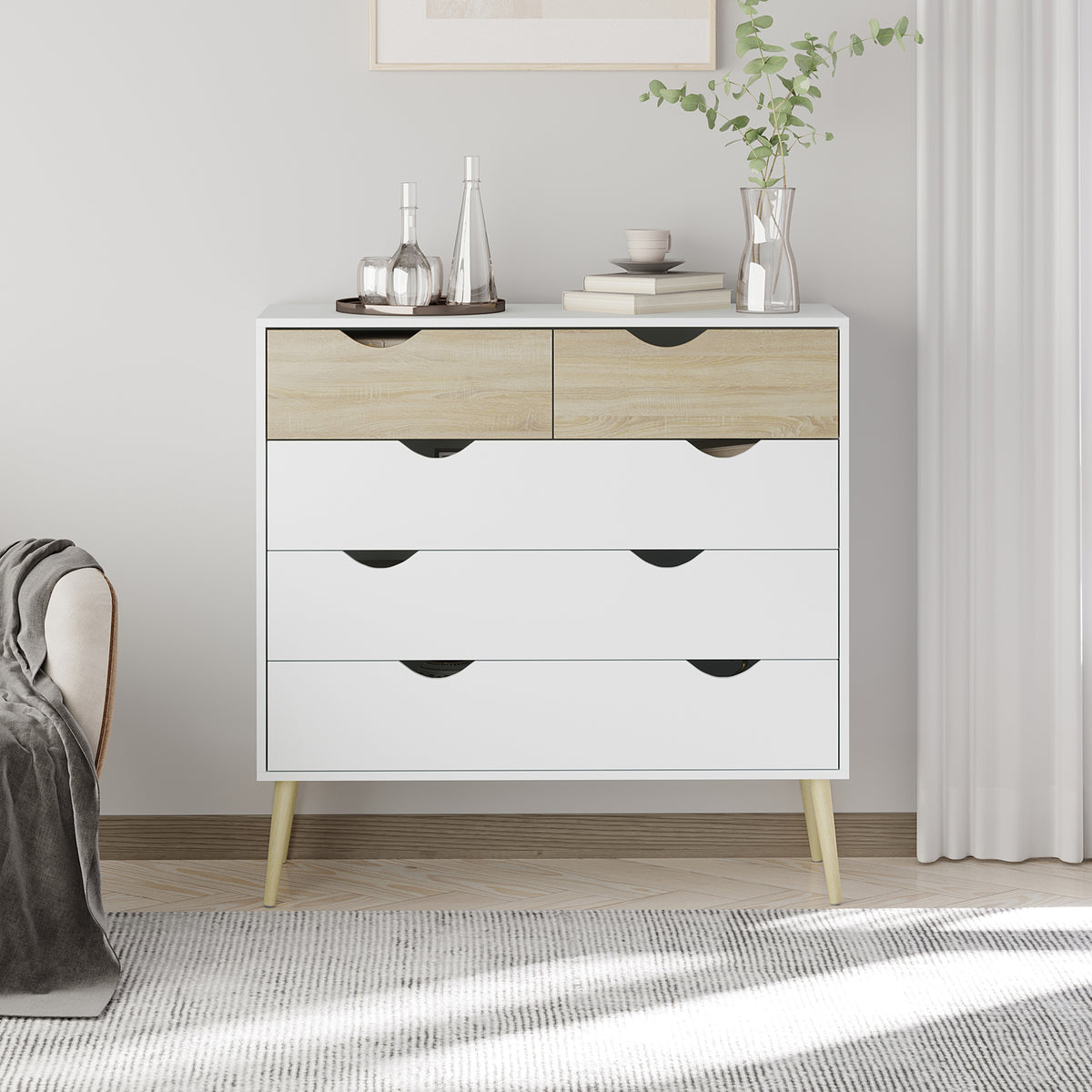 Commode 5 tiroirs Design scandinave Meuble de Rangement Chambre Panneau de Particules 99 x 39 x 101 cm Blanc Aspect chêne Clair