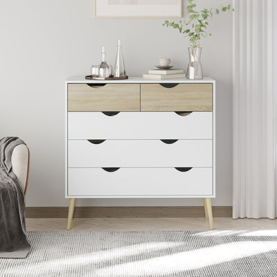 Commode 5 tiroirs Design scandinave Meuble de Rangement Chambre Panneau de Particules 99 x 39 x 101 cm Blanc Aspect chêne Clair