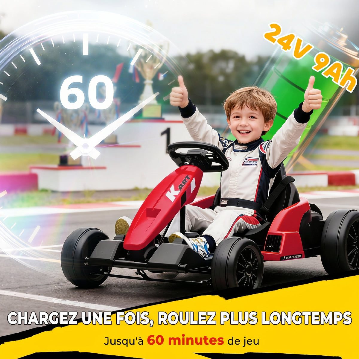 Kart Électrique pour Enfants 24 V, Go Kart, Moteur 2 x 150W, Mode Drift, Siège Réglable, Démarrage Progressif, Rouge
