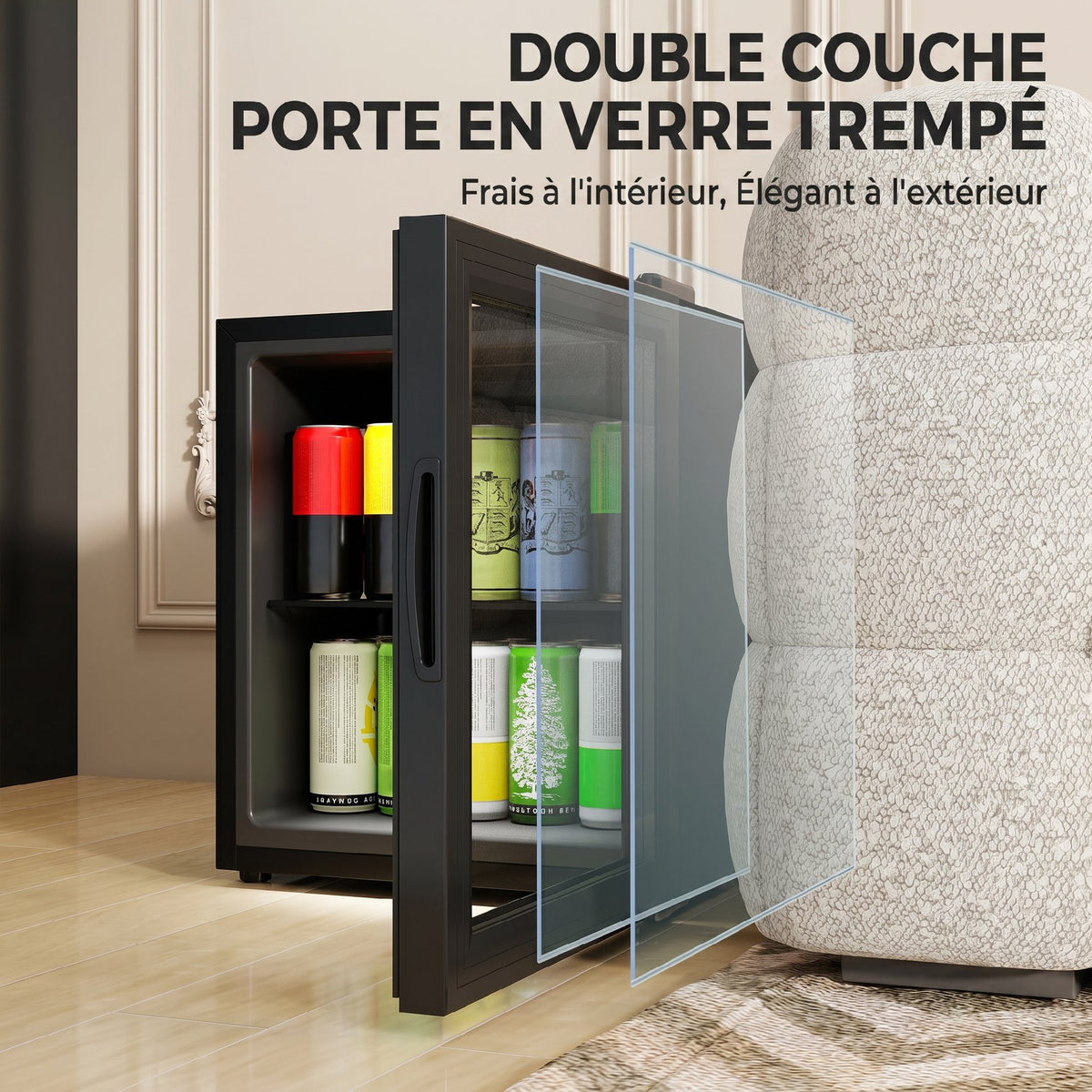 Réfrigérateur à boissons 46L 59 canettes, mini frigo silencieux pose libre avec porte en verre trempé double, noir
