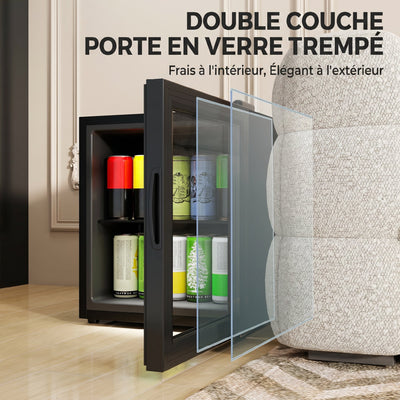 Réfrigérateur à boissons 46L 59 canettes, mini frigo silencieux pose libre avec porte en verre trempé double, noir