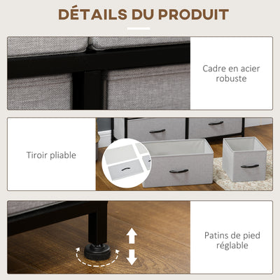 Commode 8 tiroirs meuble de rangement tiroir en tissu pliant - structure acier noir - 100 x 30 x 78 cm