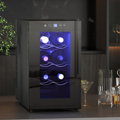 Cave à vin 8 bouteilles 21L, réfrigérateur à vin et boissons avec température réglable 8-18°C, porte en verre, noir