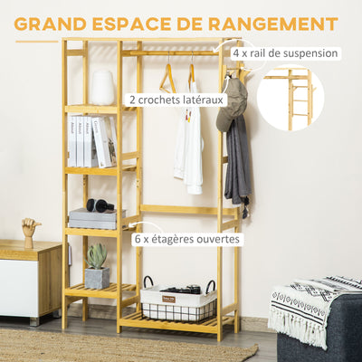 Portant à Vêtements Bambou Penderie Porte-Manteaux avec étagères, Tringle et 2 patères - dim. 90L x 30P x 155H cm