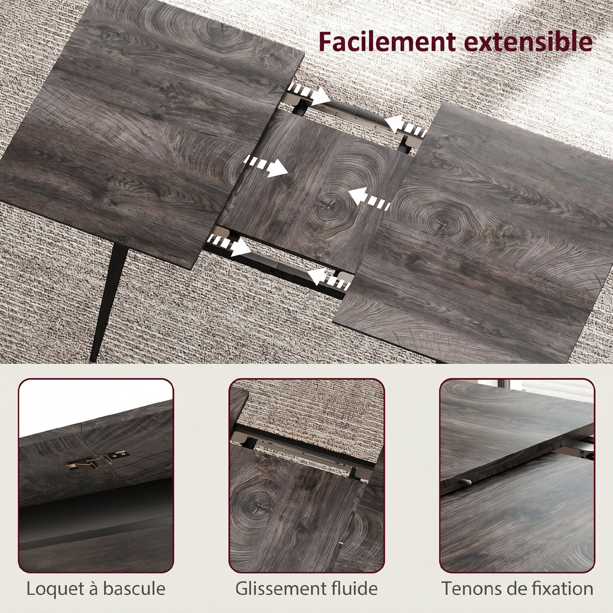 Table à manger pliante table extensible 120-160 cm jusqu'à 6 à 8 personnes avec pieds en acier, gris