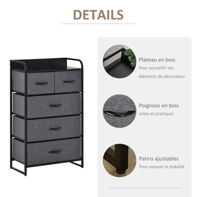 Commode Meuble de Rangement 5 tiroirs Pliables en Tissu 58 x 29 x 99 cm Gris