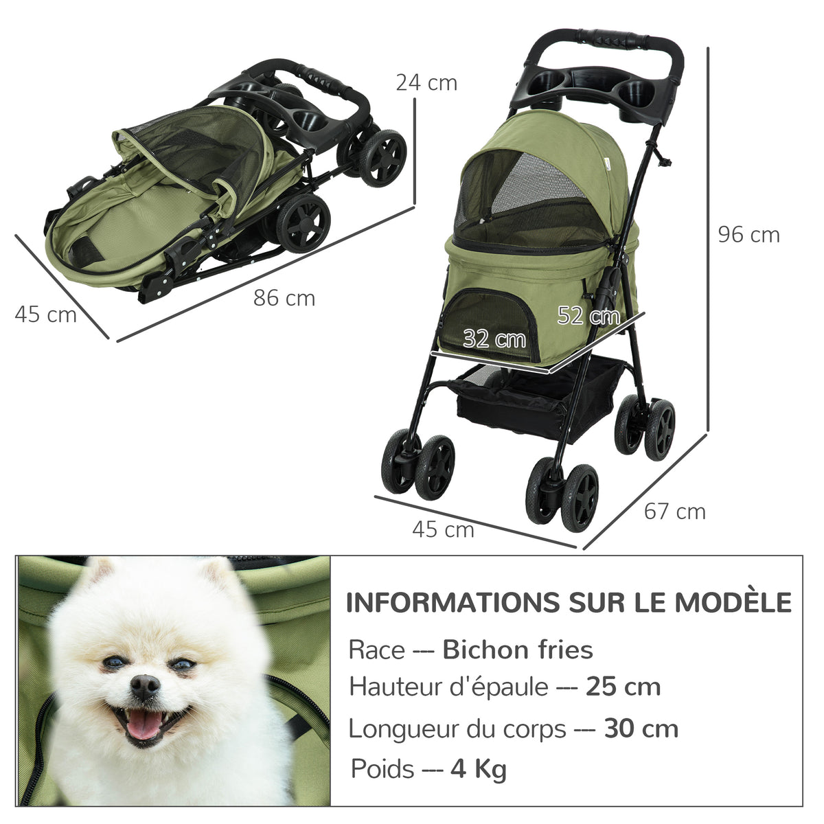Poussette buggy pliable chien chat panier rangement porte-gobelets tissu 300D Oxford imperméable 4 roues vert