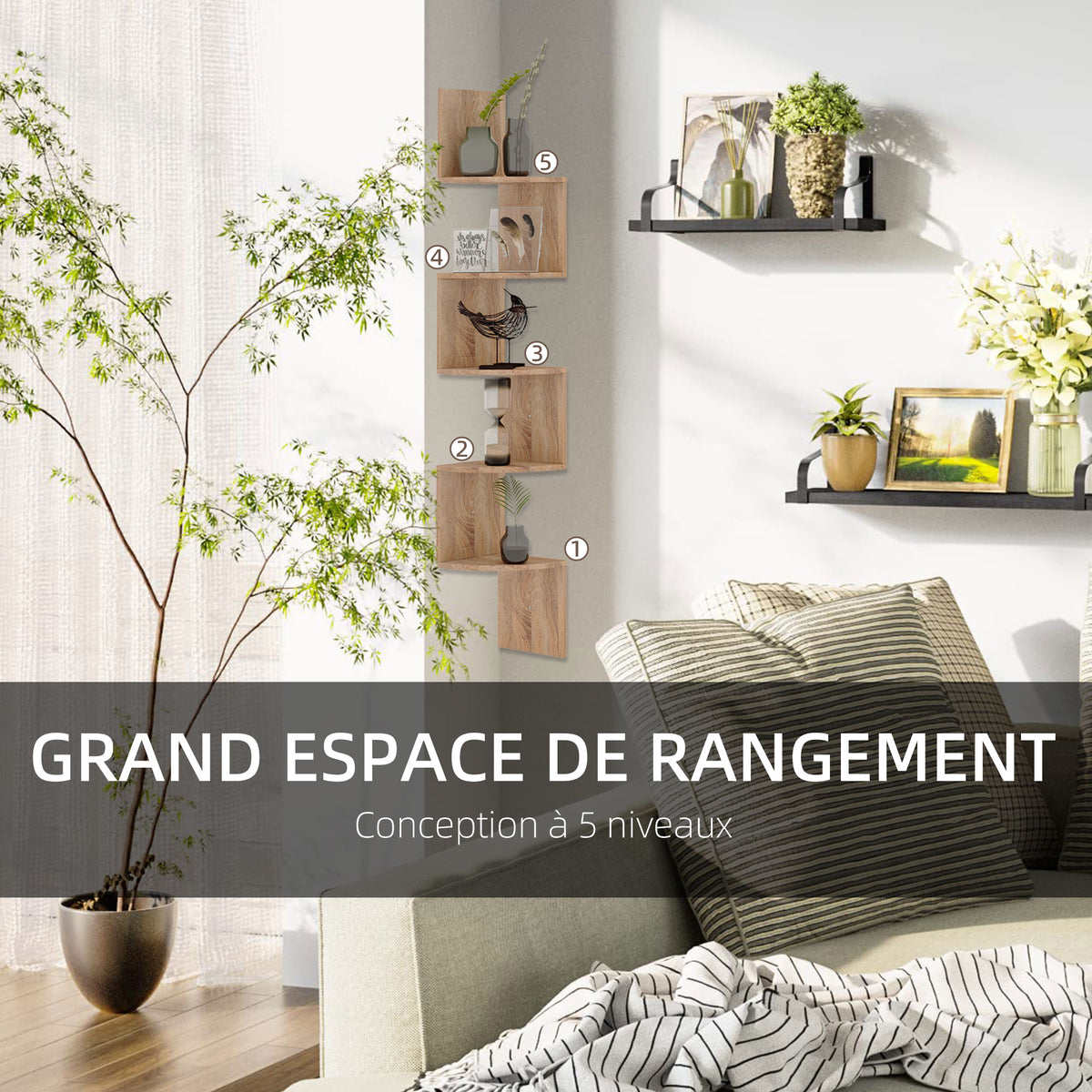 Étagère d'angle Murale de Rangement Forme Zigzag 20L x 20l x 126H cm 5 Niveaux Bois chêne Clair