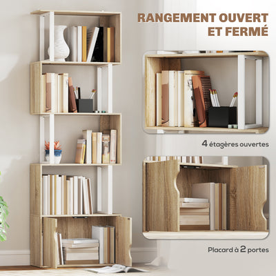 Bibliothèque à 5 niveaux, meuble de rangement avec étagères et placard double porte, 60 x 23,8 x 179,2 cm, bois naturel