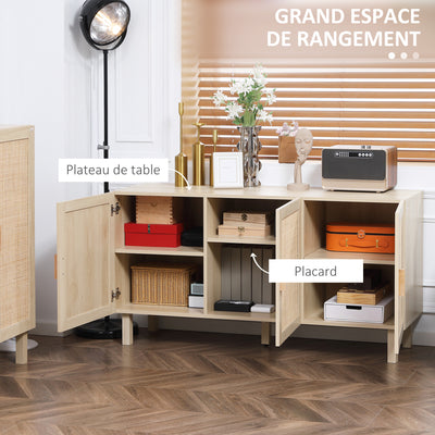 Buffet Meuble de Rangement Placard 3 Portes avec étagère réglable Effet cannage Style bohème - 136 x 41 x 70 cm