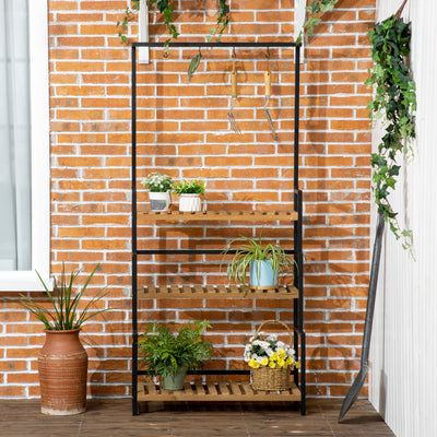 Porte plante suspendue en bois 3 niveaux + barre support avec 4 crochets pour pots suspendus 80 x 36 x 174 cm