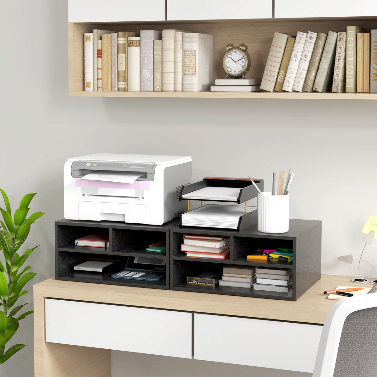 Organiseur bureau aspect noir avec 3 compartiments fournitures support d'imprimante 47 x 40 x 22,5 cm
