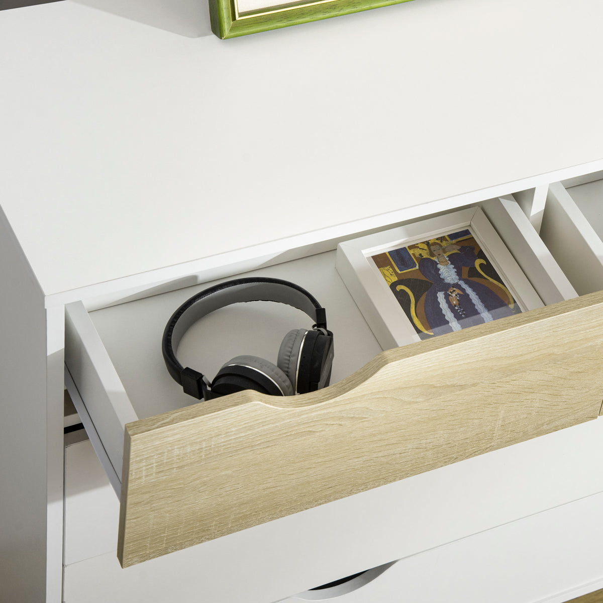 Commode 5 tiroirs Design scandinave Meuble de Rangement Chambre Panneau de Particules 99 x 39 x 101 cm Blanc Aspect chêne Clair