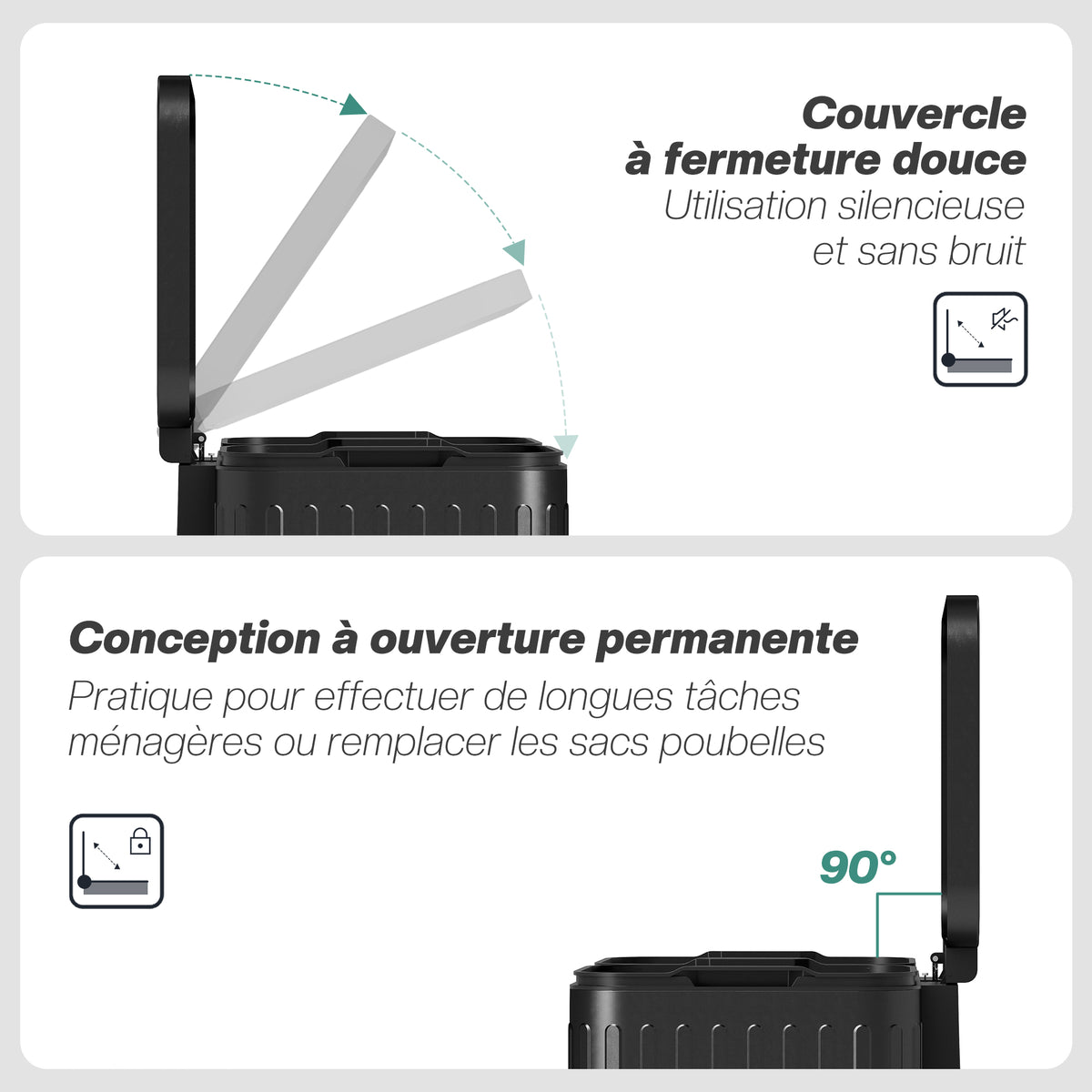 Poubelle à double compartiment 2 x 20L, poubelle de cuisine à pédale, seaux intérieurs amovibles, 45,5x36,5x51cm, noir Aosom
