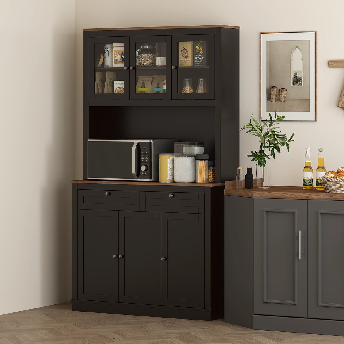 Buffet haut cuisine, armoire de cuisine, 6 portes, 2 tiroirs, plan de travail, étagères réglables, 100x40x180cm, noir