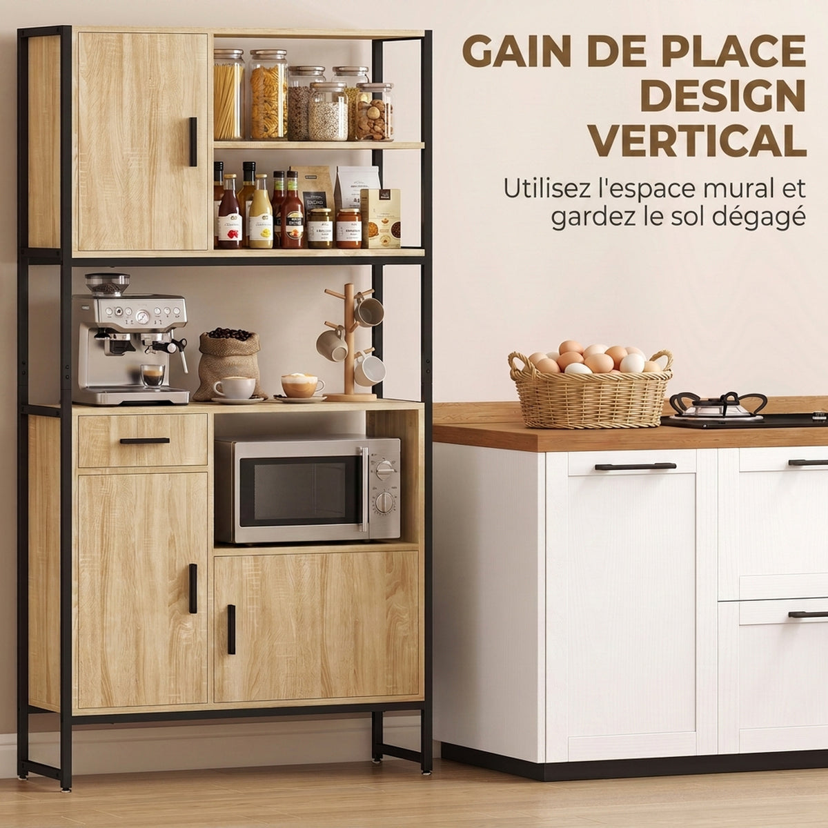 Buffet Haut Cuisine, Armoire de Cuisine, 3 Portes à Fermeture Douce, Tiroir, Plan de Travail, Niches Ouvertes, Naturel