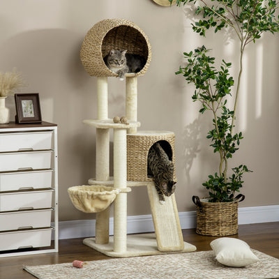 Arbre à chats griffoir sisal naturel 2 niches plateforme hamac peluche jacinthe d'eau - 60 x 60 x 150 cm beige