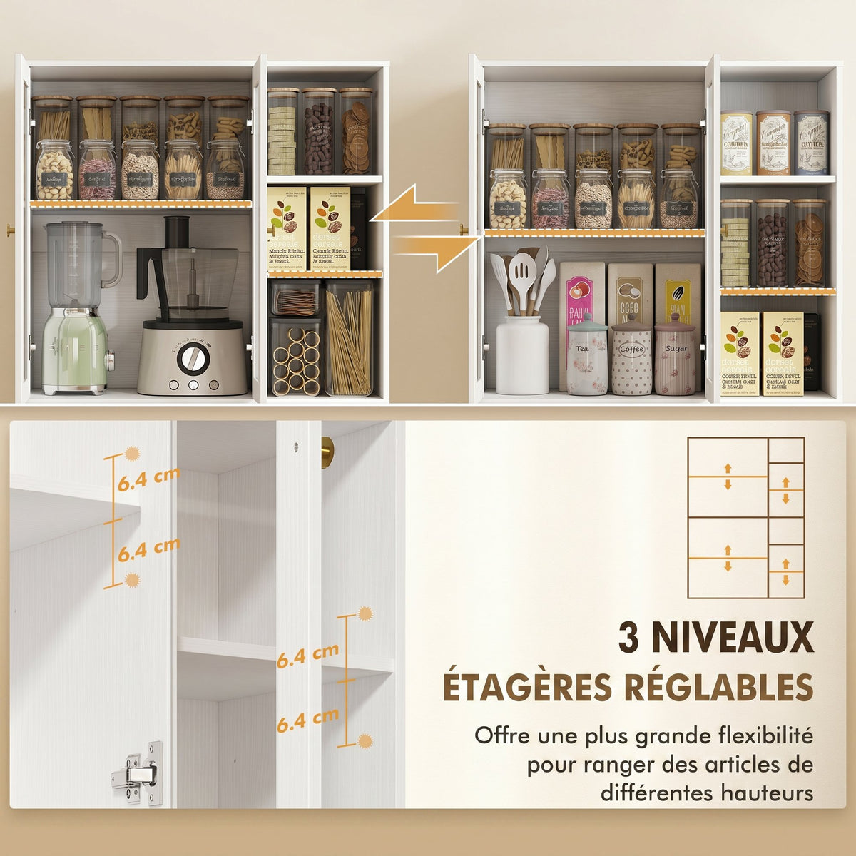 Buffet haut cuisine, vaisselier vitrine avec 4 portes à fermeture douce en verre trempé, 90x35x172cm, blanc