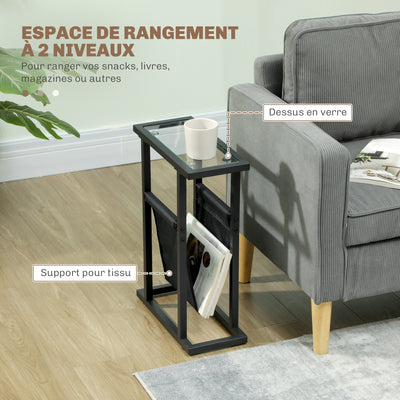 Table d'appoint étroite, bout de canapé en métal avec porte-revues et plateau en verre trempé, 40 x 18 x 55,5 cm, noir