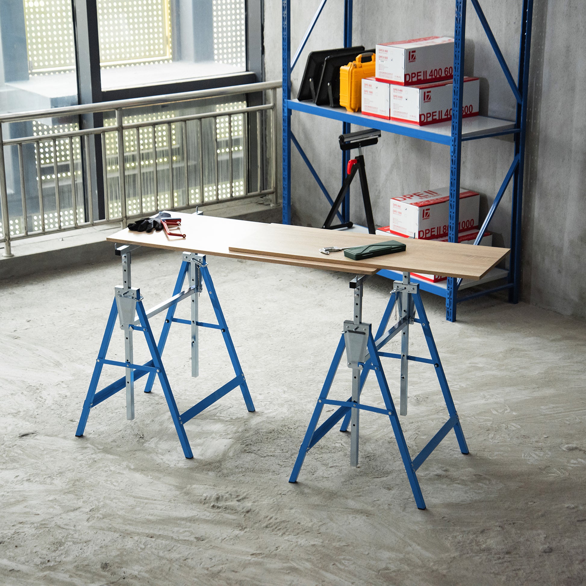 Lot de 2 Tréteaux Pliables Télescopiques Hauteur Réglable 80-130 cm Acier Bleu