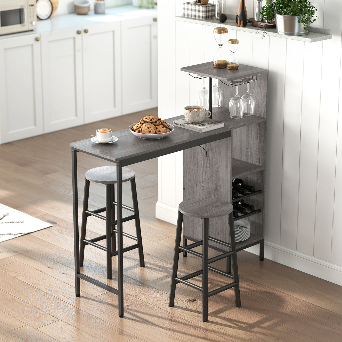 Ensemble table de bar avec tabourets, table à manger debout avec 2 chaises de bar étagères, casiers à vin, bois naturel