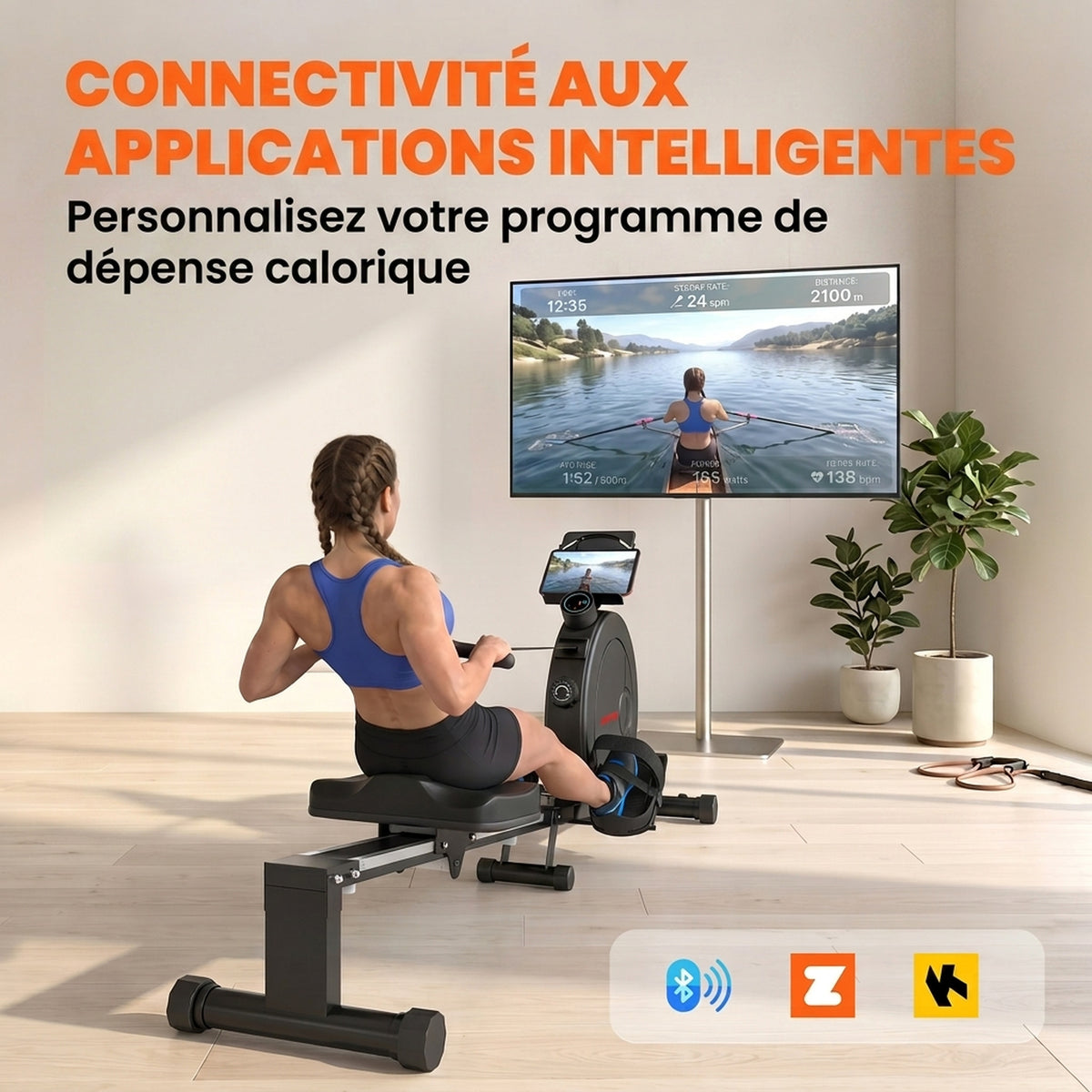 Rameur Musculation d'Appartement 16 Niveaux de Résistance, App, Écran LCD, Support de Tablette, 180x50x75cm, Noir
