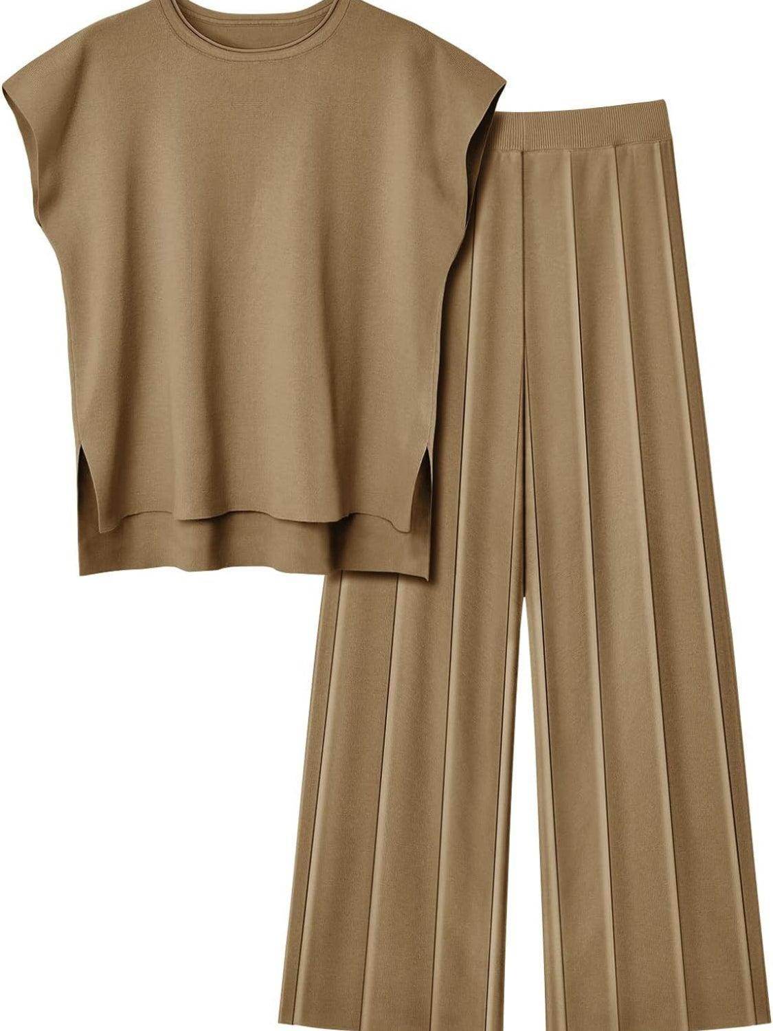 Round Neck Cap Sleeve Top and Pants Knit Set for Women
