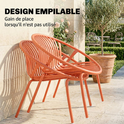 Salon de Jardin Ensemble Bistro 3 Pièces Table Basse à Plateau Concave Acier et Polypropylène 80x70x75cm Rouge Brique