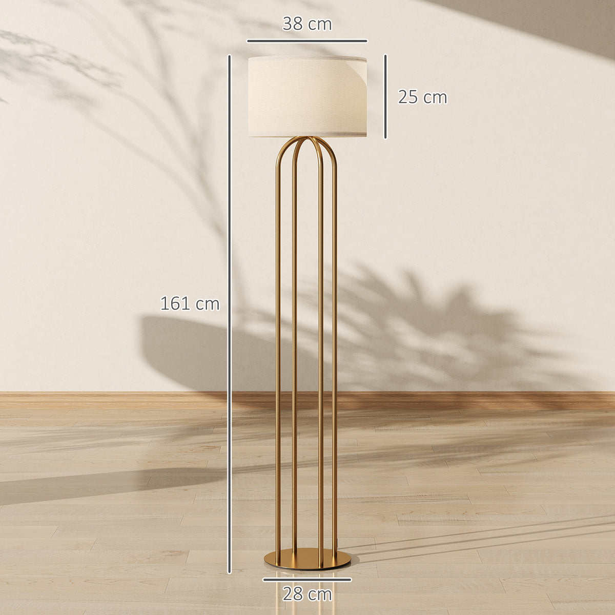 Lampadaire sur pied de salon, lampe sur pied avec abat-jour en lin et interrupteur à pied, Ø 38 x 161 cm, doré et beige
