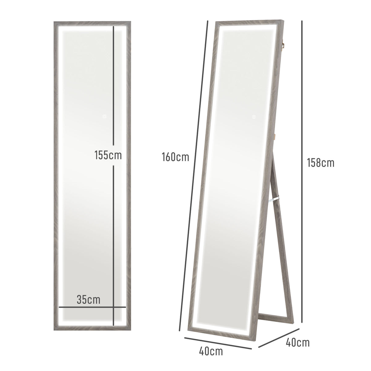 Grand miroir pleine longueur, miroir mural ou sur pied rectangulaire, 40 x 160 cm avec éclairage LED 3 couleurs, gris