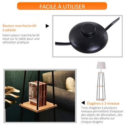 Lampadaire design contemporain dim. 40L x 40l x 160H cm 40 W max. 3 étagères intégrées bois massif pin métal noir lin beige
