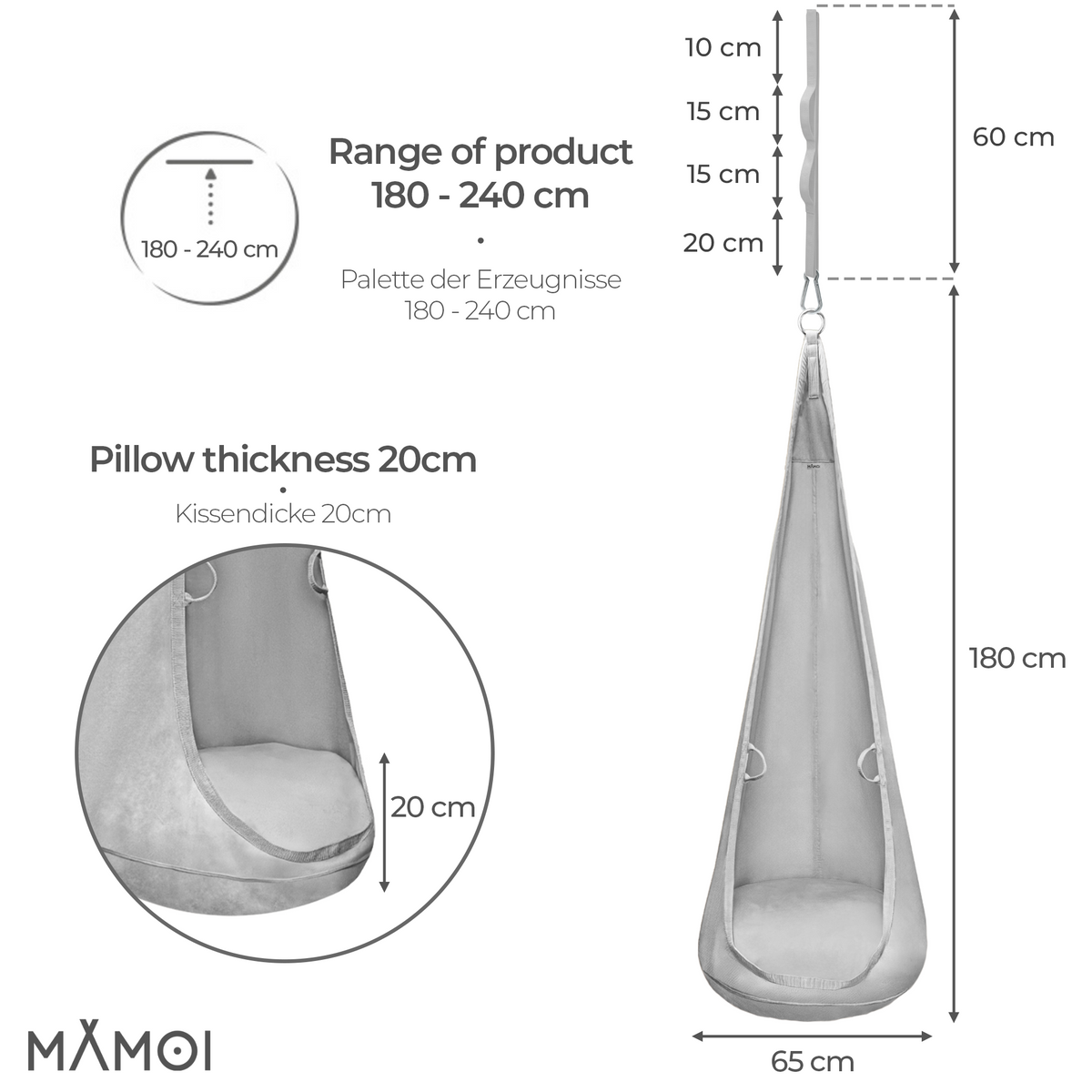 MAMOI® Wiszący kokon z tkaniny velvet z poduszką