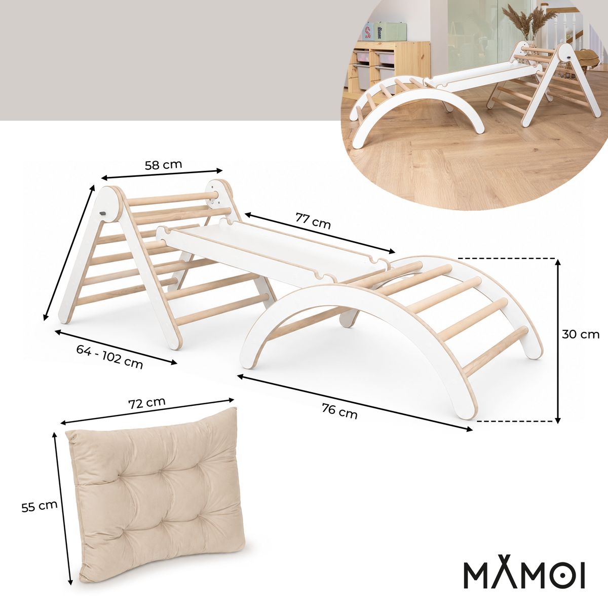 MAMOI® Ensemble d’escalade 4 en 1 pour enfants, arche à bascule, coussin, triangle d’escalade et toboggan
