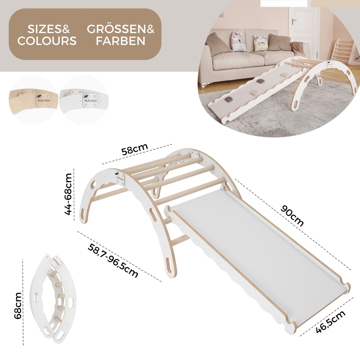 MAMOI® Arrampicata per bambini con scivolo in legno naturale, Dondolo triangolo, Altalena da casa interno, Parete arco montessori a partire da 1 anno 2/3 anni