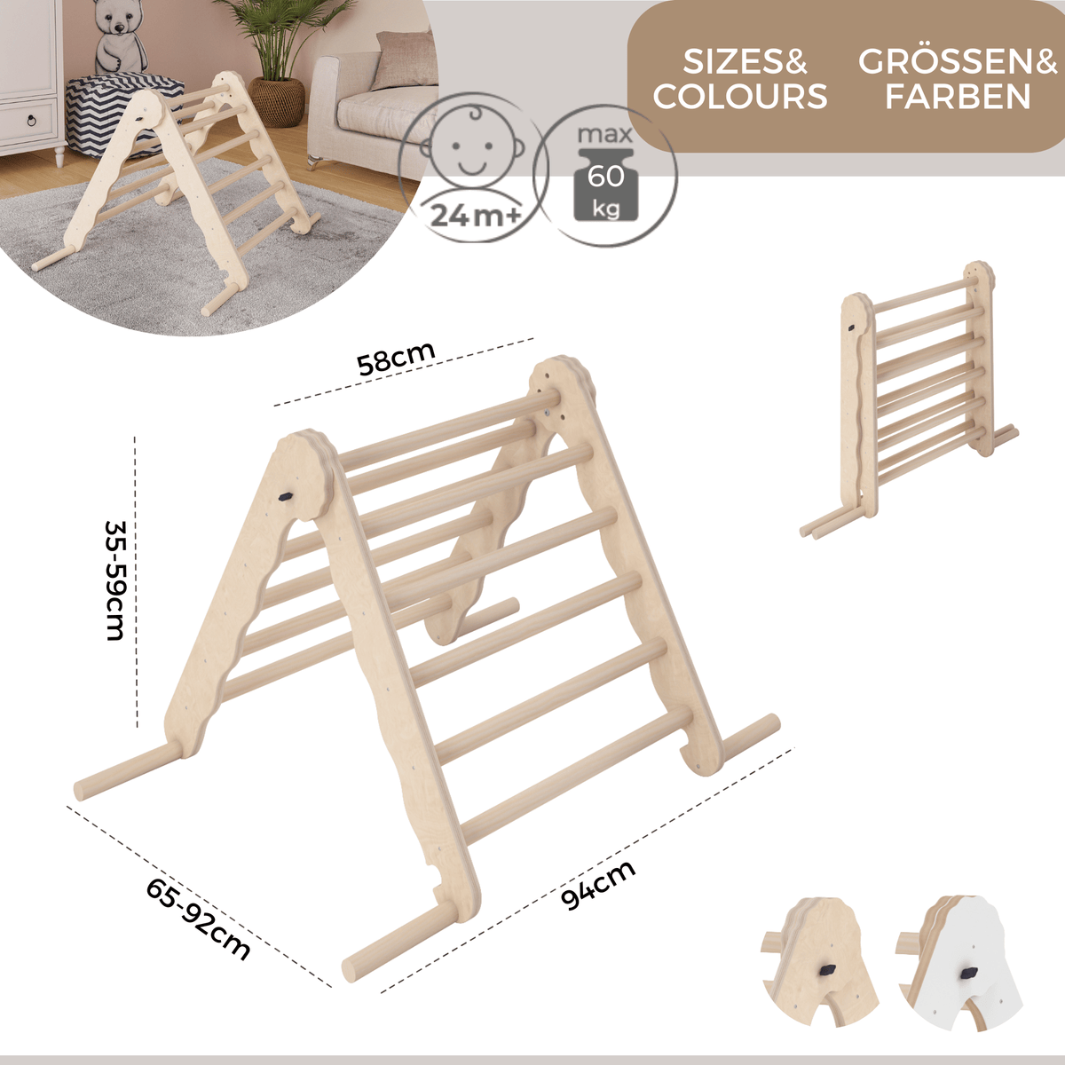 MAMOI® Triangle descalade interieur pour enfant, Mur escalade intérieur en bois pour bebe à partir de 1/2/3 an, Motricité libre montessori