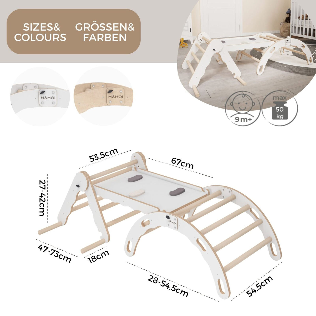 MAMOI® Zestaw: trójkąt wspinaczkowy + bujak + zjeżdżalnia dla dzieci | Rama wspinaczkowa i zjeżdżalnia dziecięca minimalistyczny design | Trójkąt wspinaczkowy dla małych dzieci ze zjeżdżalnią Yarnwood 100% ECO | Wyprodukowano w UE