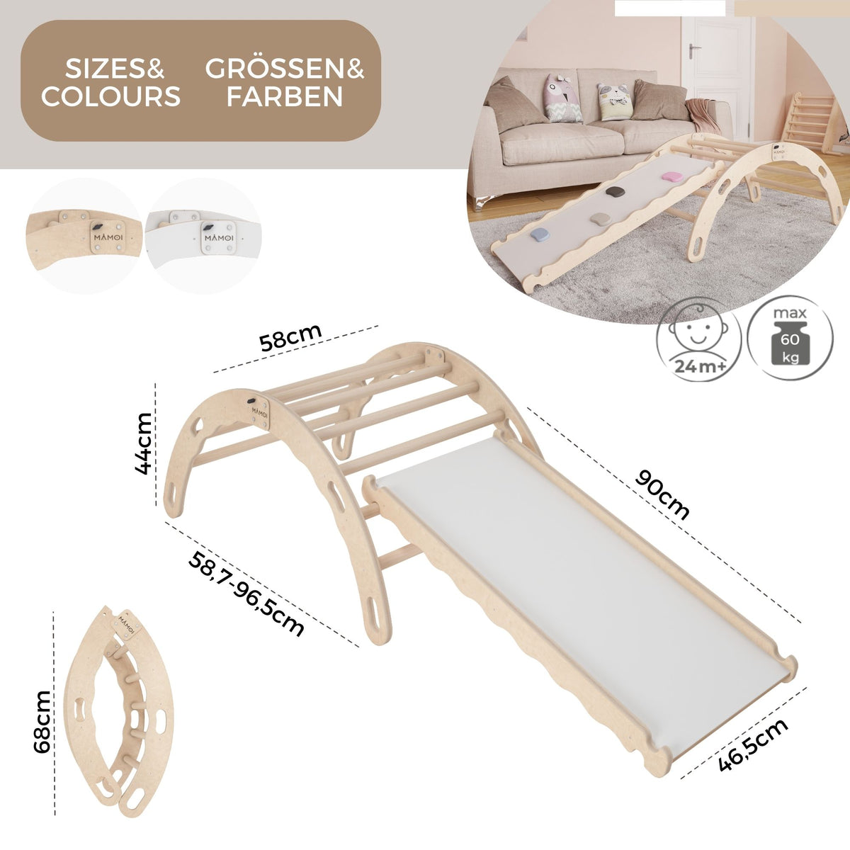 MAMOI® Bujak drewniany dla dzieci ze zjeżdżalnią | Drewniana kołyska Drewniana drabinka do bujania z naturalnego drewna | Wielofunkcyjny bujak montessori Wspinaczka dla dzieci | CE | 100% ECO | Wyprodukowano w UE