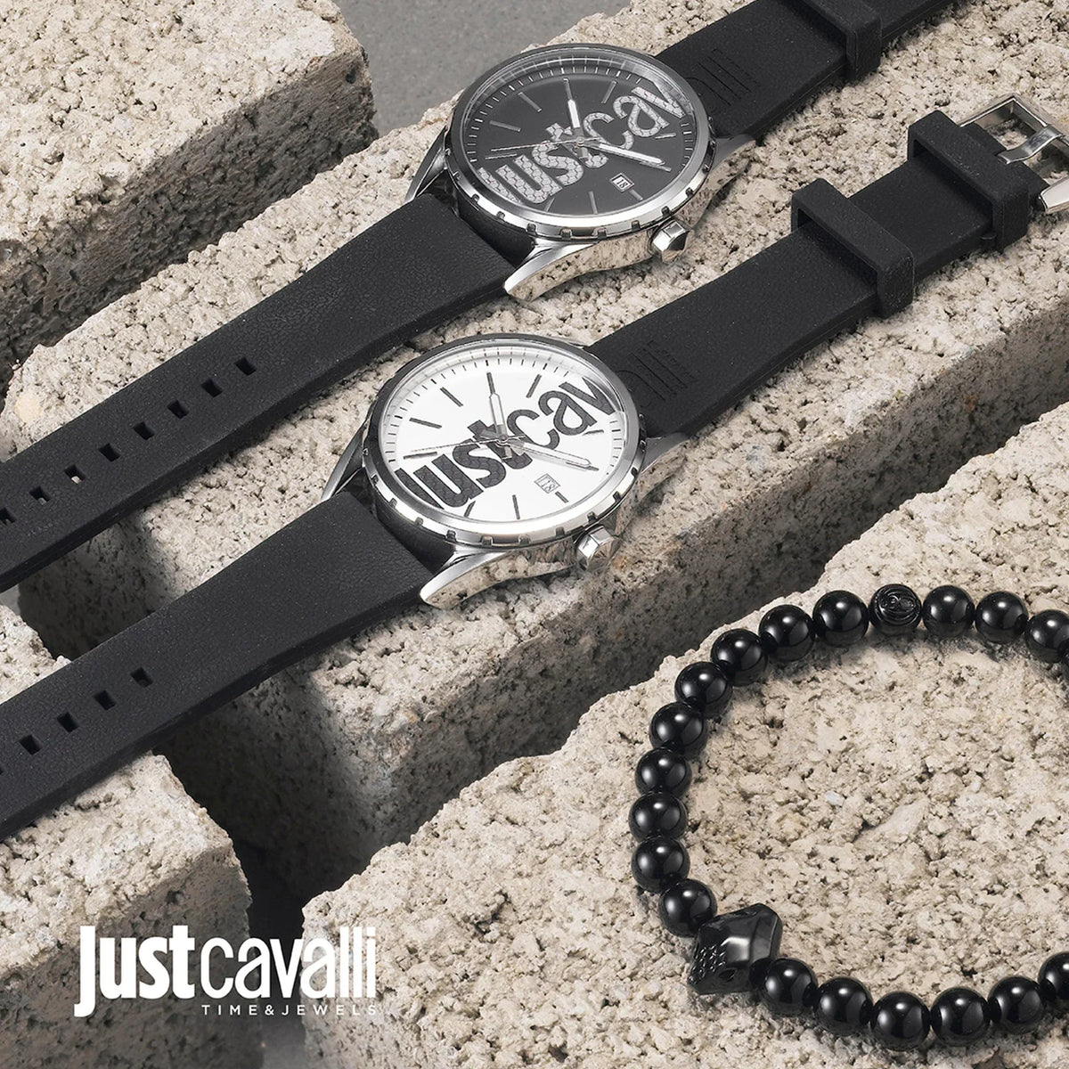 Just Cavalli Men's Silver Dial Watch, Black Silicone | Jc1g082p0015